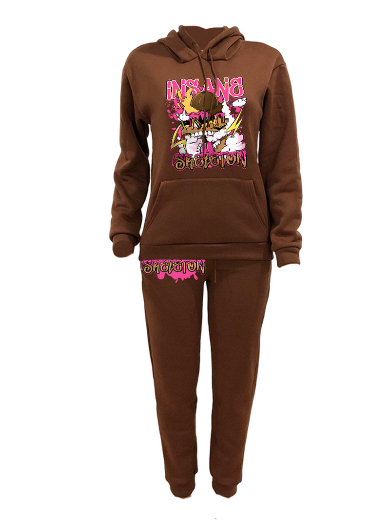 Tuta sportiva stampata casual da donna con felpa in pile con cappuccio in due pezzi_voghion.com