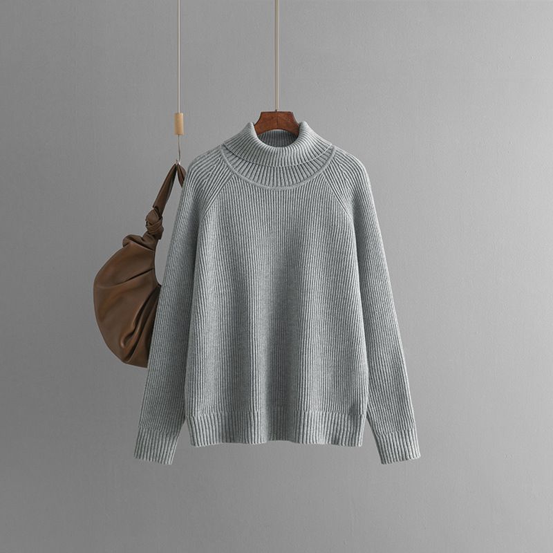 Damenbekleidung Einfarbiger Rollkragenpullover Herbst und Winter Verdickter lockerer Pullover Oberteil Strickpullover_voghion.com