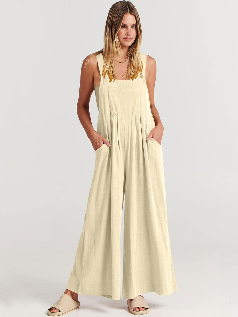 Women's clothing solid color loose casual cotton and linen overalls jumpsuit_voghion.com