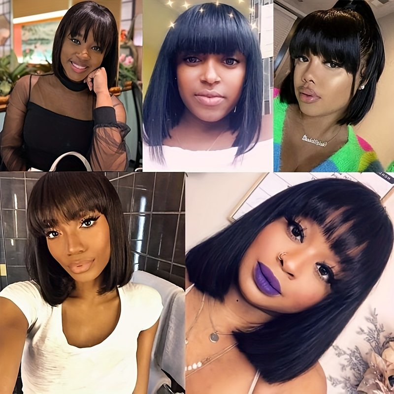 Perruque de cheveux humains avec frange complète, cheveux lisses et lisses, 100% cheveux humains, couleur naturelle_voghion.com