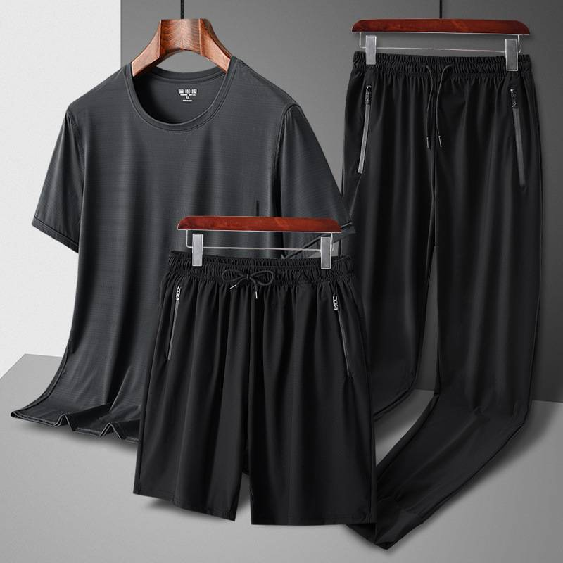 Men's Clothing Ice Silk Thin Three-Piece Suit Short-Sleeved Shorts Casual Loose Suit _voghion.com