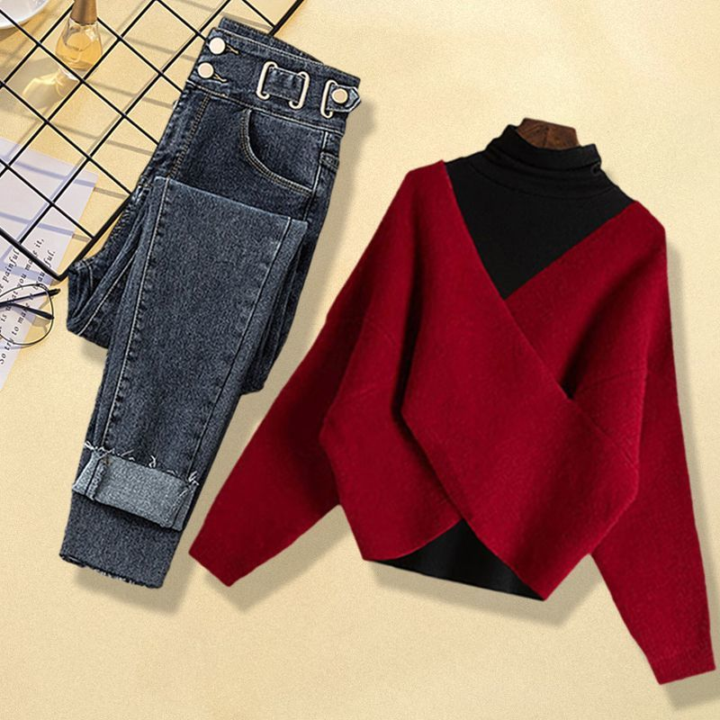 Women's Clothing Large Size Women's Autumn And Winter Suits Red Knitted Sweater Women's Slim Jeans Two Piece Suit_voghion.com