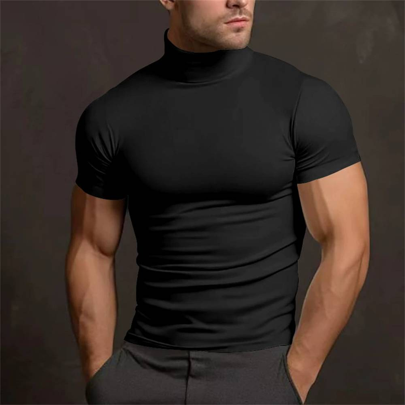 Summer 2025 European-Amecian Fashion Top Tee Men's Half High Collar Pure Color Short Sleeve Skinny T-Shirt S-3XL_voghion.com