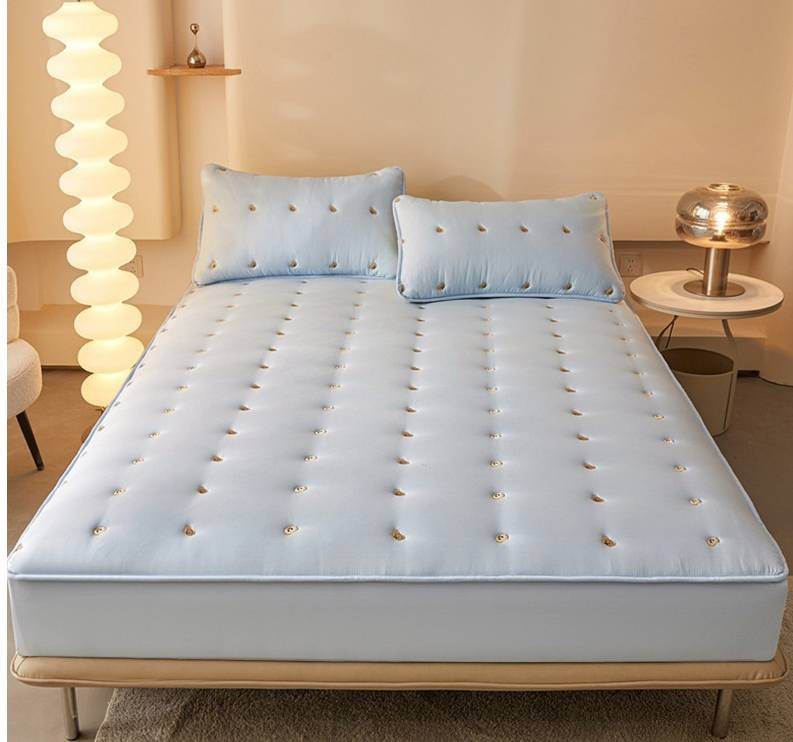 Parure de lit imperméable en coton lavé avec broderie, housse de matelas Queen et King, taies d'oreiller, hypoallergénique et respirante._voghion.com