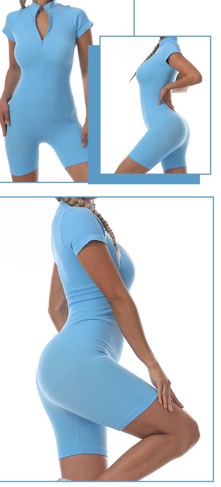 Vêtements pour femmes, combinaison de yoga à manches courtes et fermeture éclair, combinaison extensible, combinaison de sport moulante filetée pour femmes, vêtements d'extérieur_voghion.com