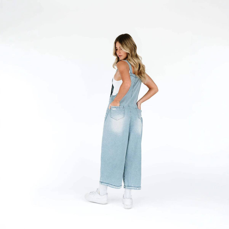 Kadın Giyim Moda Retro Yıpranmış Delikler Bol Geniş Paça Rahat Günlük Askılı Kot Tulum_voghion.com