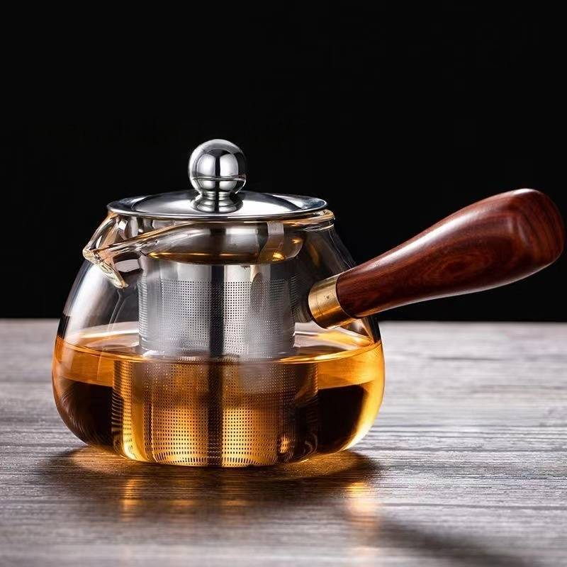 Heat-Resistant Glass Tea Pitcher With Wooden Handle - Borosilicate Gongfu Tea Cup Optional 304 Stainless Steel Strainer Minimalist Side Handle Teapot_voghion.com
