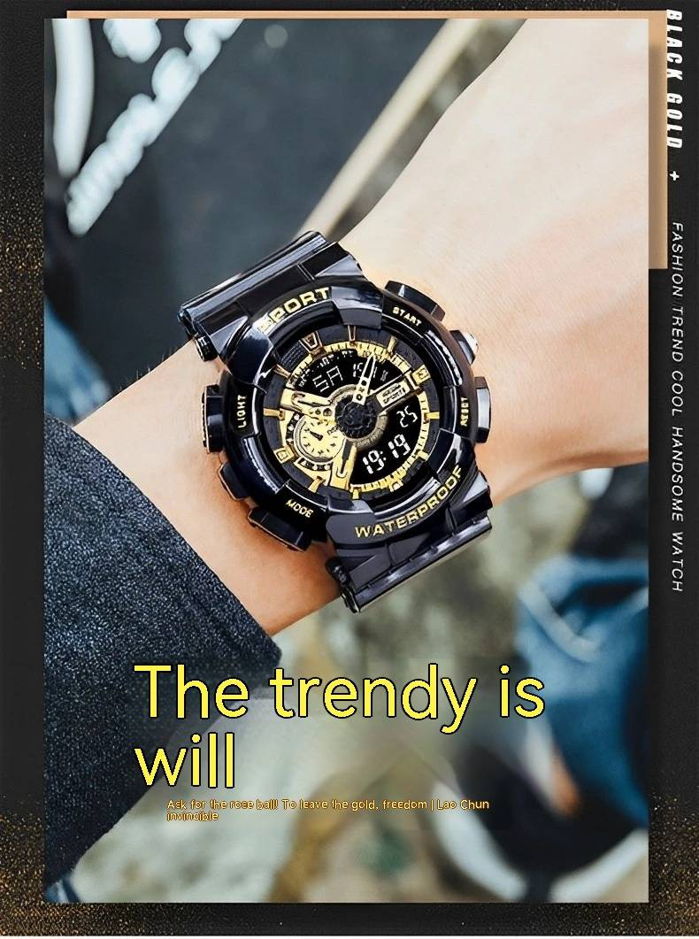 Trendy Black Gold Multi-Funktioun Watch Fir Männlech Studenten Nei Sport Waasserdicht Luminous Gutt ausgesinn Elektronesch Watch Fir Männer a Fraen_voghion.com