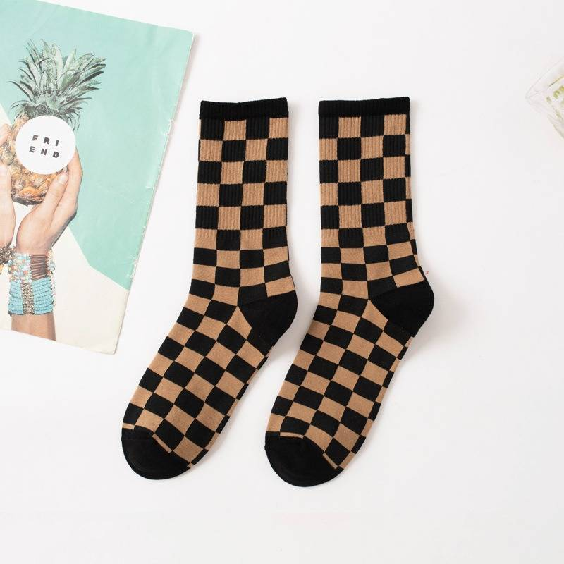6 Pairs--Checkerboard Men's And Women's Fashion Street Brand Mid Tube Academy Style Cotton Skateboarding Socks_voghion.com
