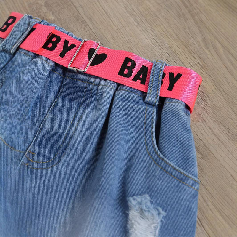 Kids 3-Piece Denim Dress Set With Belt & Striped Vest Top - Soft Cotton Blend Outfit For Girls 3-8 Years Trendy Casual Wear_voghion.com