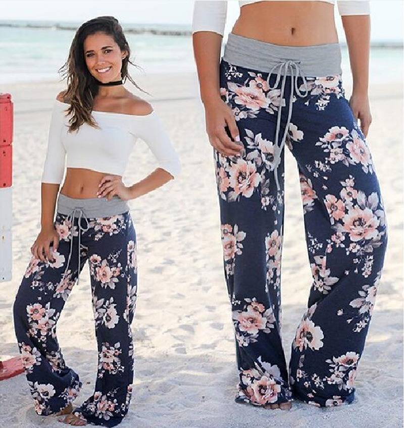 Plus Size Floral Print High Rise Drawstring Long Pants, Women's Plus Slight Stretch Loose Casual Pants_voghion.com
