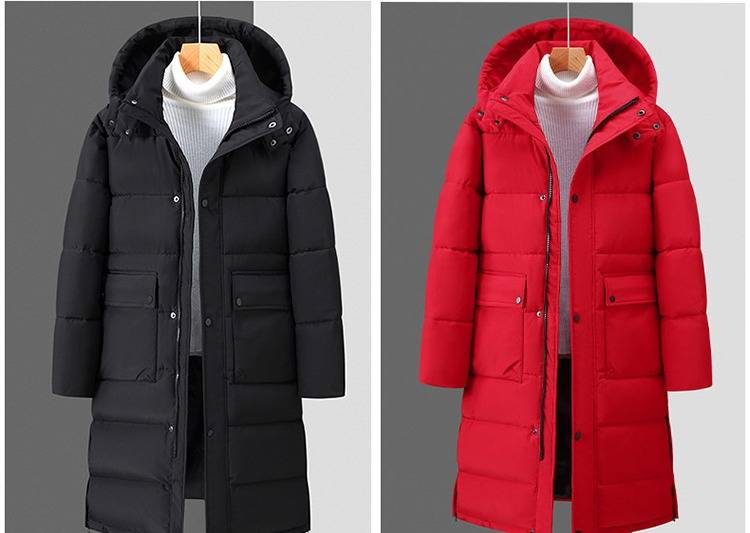 Herren Wintermantel Extralang – Knielang Dicke Baumwolle | Abnehmbare Kapuze | Rot/Schwarz | L-5XL | Unisex Paar Style_voghion.com