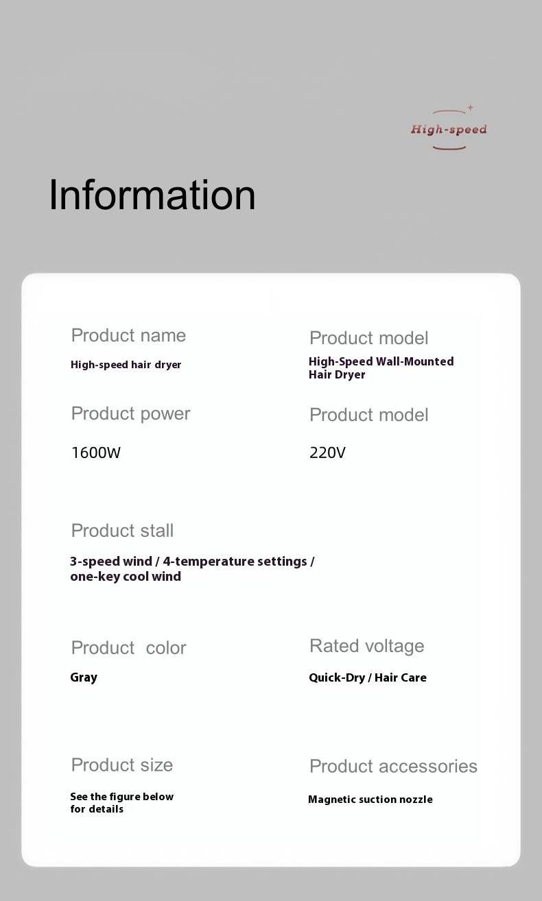 Asciugacapelli da parete - Motore brushless da 1600 W, asciugatura ad alta velocità a 110.000 giri/min, 3 impostazioni di calore e protezione dal surriscaldamento_voghion.com