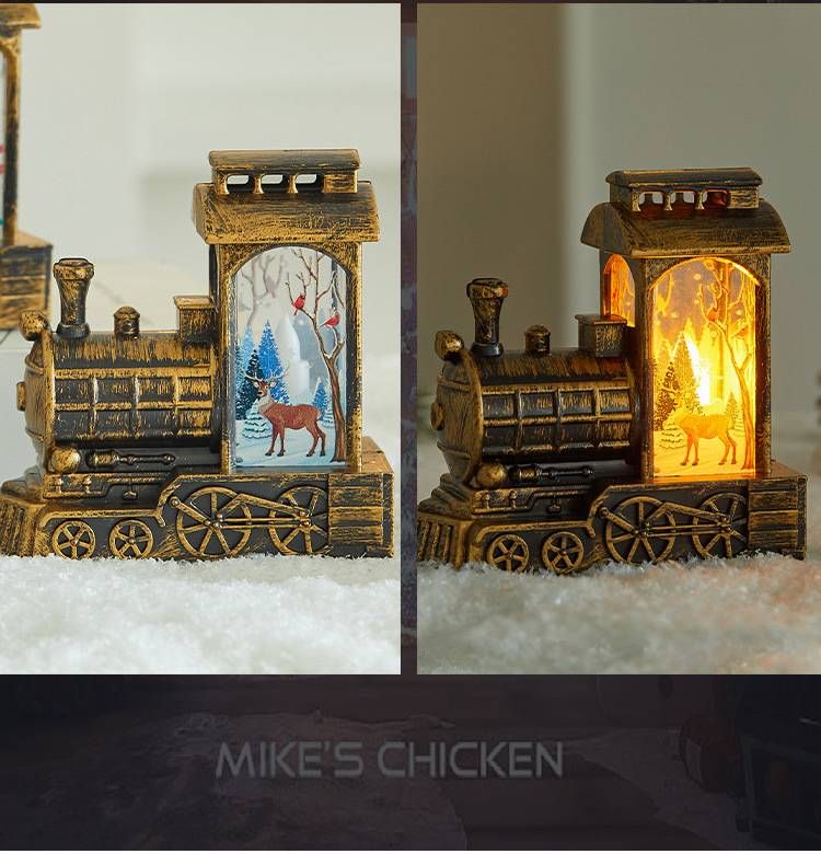 Luce notturna a forma di treno di Natale: lanterna a LED festiva attivata dall'acqua con disegni di Babbo Natale, renne e pupazzo di neve (dettagli con pennello dorato)_voghion.com