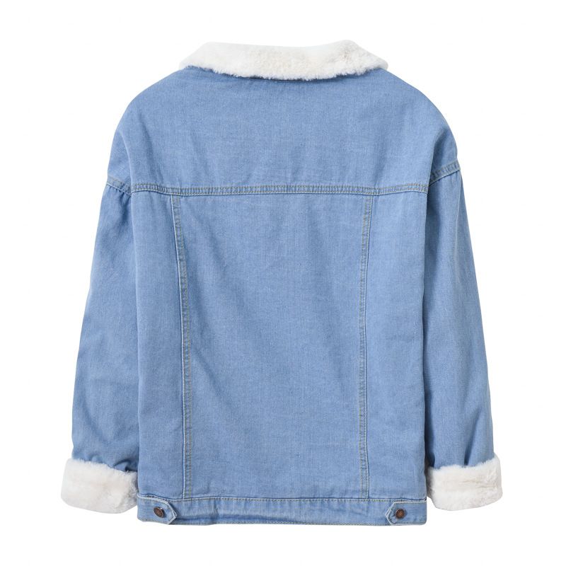 Giacca da donna in denim foderata in pile, calda e calda, con collo in pelliccia sintetica di coniglio, casual, blu, oversize, con spalle scese_voghion.com