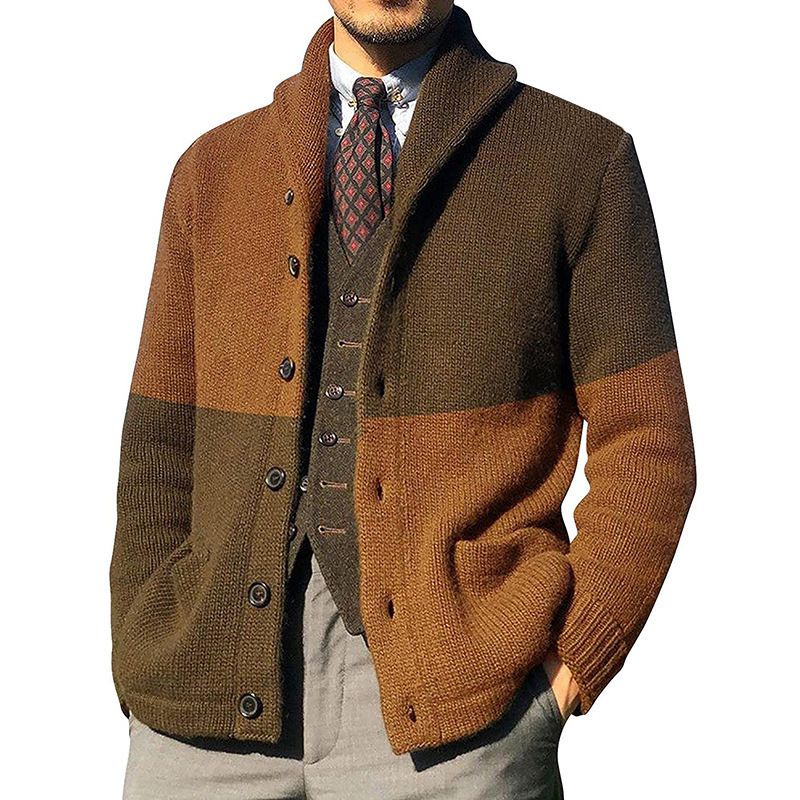 Autumn and Winter Men's Stand up Collar Loose Color blocked Knitted Cardigan Large Fashion Casual Sweater_voghion.com