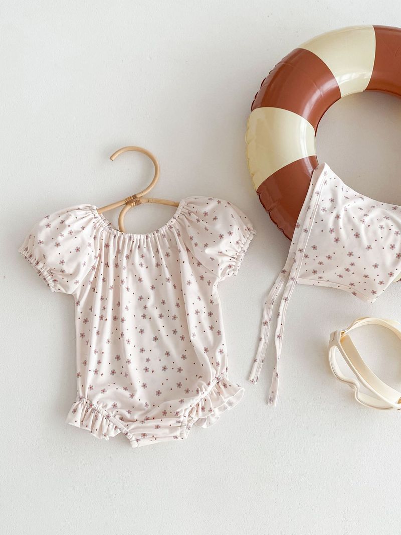 Maillot de bain d'été coréen pour filles, bulle à la mode pour bébé, mignon, manches courtes, une pièce enveloppée, bas, imperméable, chapeau de natation_voghion.com