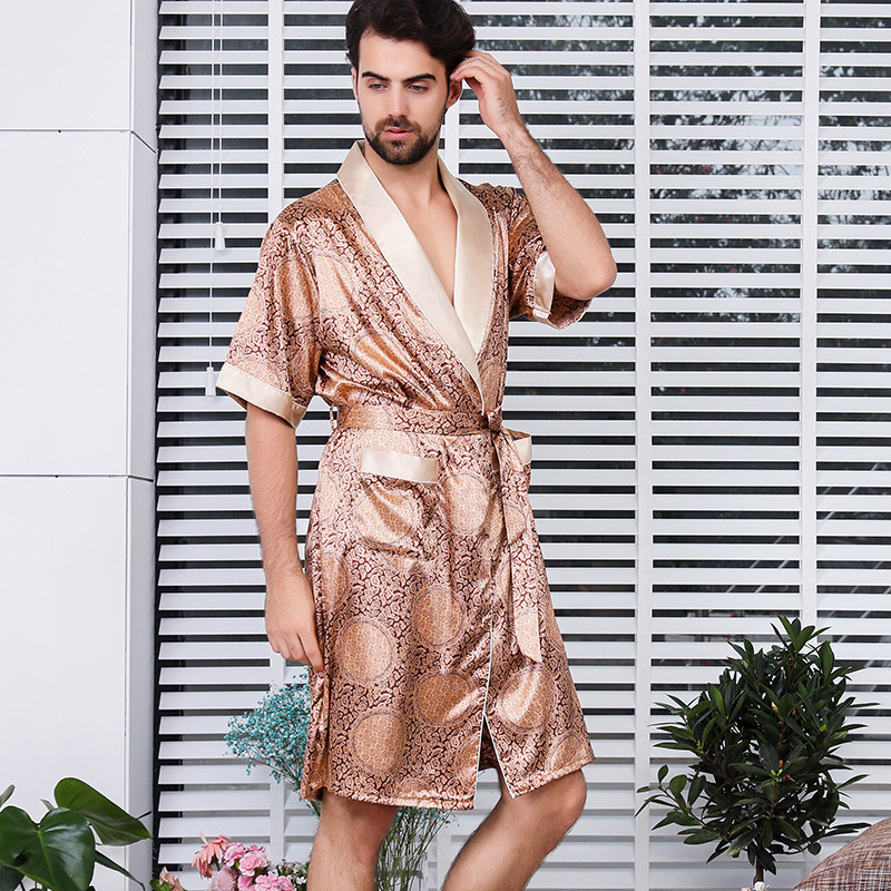 Camisola de seda masculina transfronteiriça de duas peças verão fino pijama de manga curta tamanho grande roupão 88101-2_voghion.com