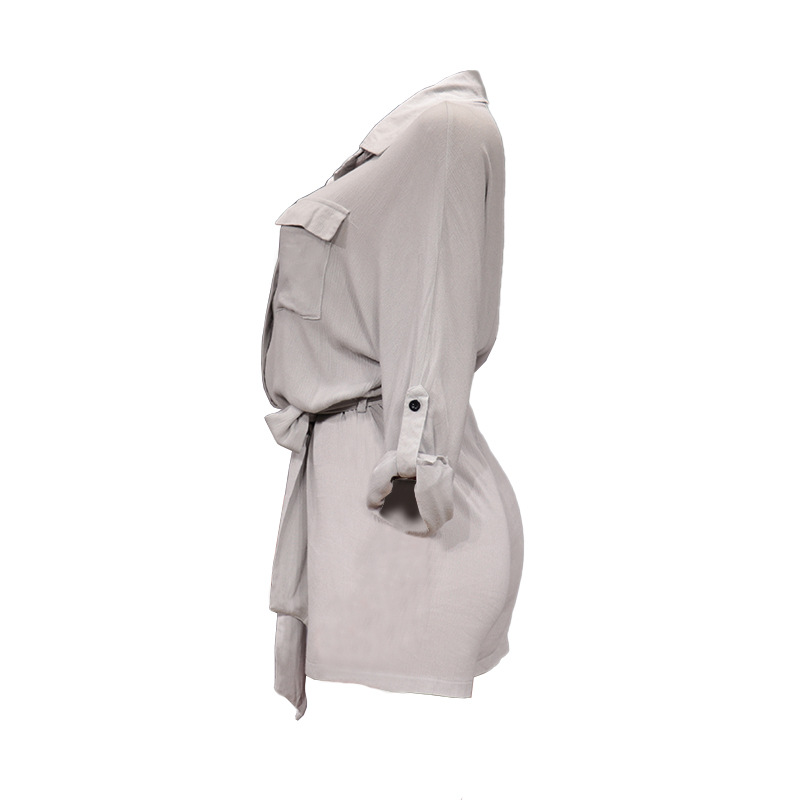Women's fashion solid color casual shirt cotton hemp jumpsuit_voghion.com