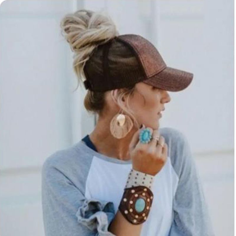 Ponytail Baseball for Women Shiny Glitter Sequins Woman Summer Cap Mesh Sunhat Pure Color High Messy Bun Hat_voghion.com