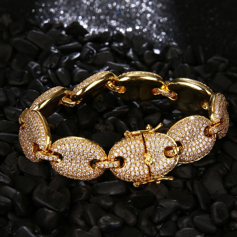 Bracciale hip-hop alla moda da uomo con bottone traforato e micro intarsi, catena placcata oro a forma di chicco di caffè, gioielli di lusso_voghion.com