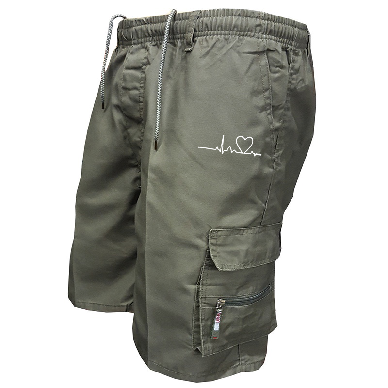 Herrshorts med EKG-tryck och hjärtslag – taktisk design med fyra fickor, snabbtorkande, rynkfria tyg och förstärkt stretch._voghion.com