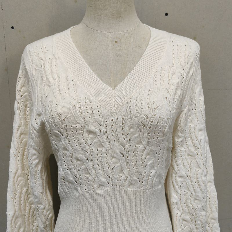 Elegante abito in maglia all'uncinetto traforato con scollo a V e maniche a lanterna per donna, abito midi aderente a vita alta in albicocca (taglia unica)_voghion.com