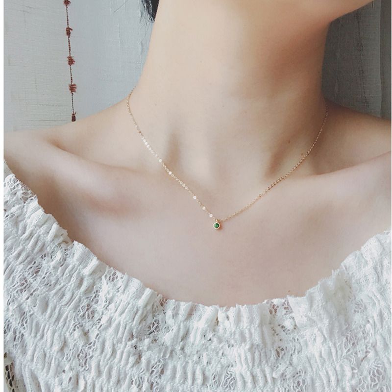WOOZU - Collar con cadena de eslabones de circonita verde redonda de plata esterlina auténtica para mujer, encantador, joyería minimalista para fiestas_voghion.com