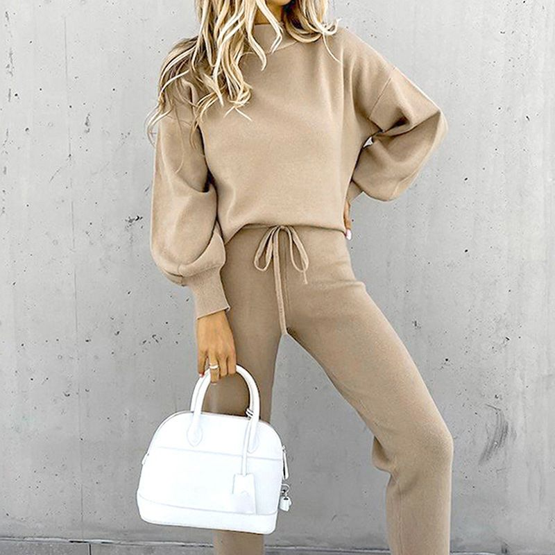 2022 automne/hiver femmes pull FD89940125 col haut décontracté solide pantalon deux pièces ensemble_voghion.com