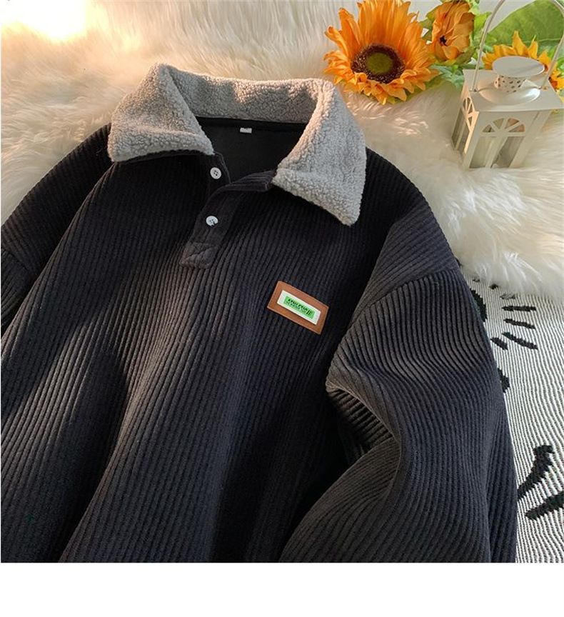 Felpa con collo a polo in velluto a coste da uomo, autunno e giacca in lana di agnello spessa foderata in pile, coppia, inverno, giovani_voghion.com
