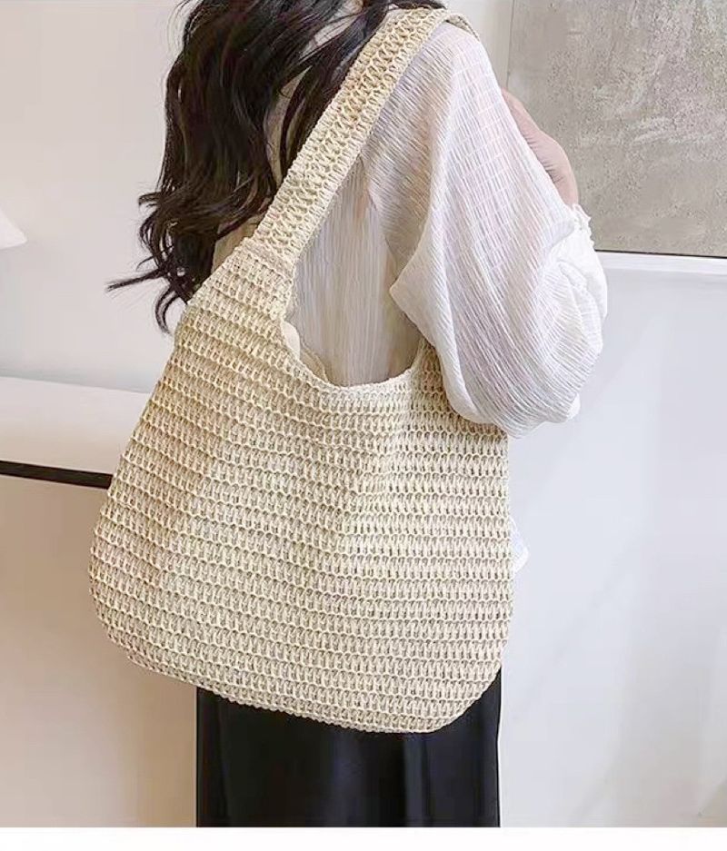 Borsa a tracolla in paglia, grande capacità, borsa da spiaggia per laptop, stile vacanza primavera estate 2025_voghion.com