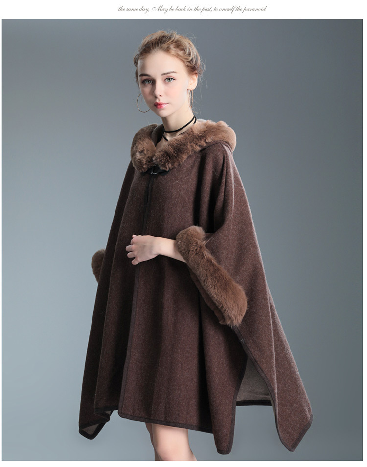 Women's imitation Rex rabbit collar hooded shawl cape large size woolen coat loose cardigan_voghion.com