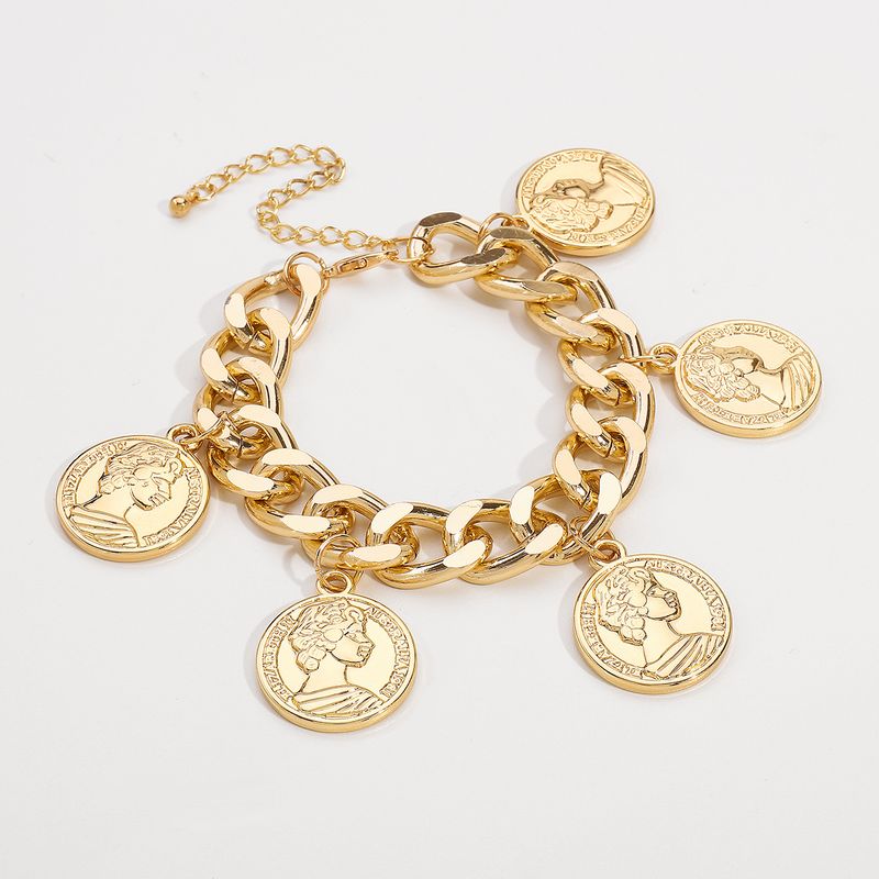 B1255 Bracciale a catena spessa per donna, accessorio geometrico esagerato in stile punk hip-hop con moneta ritratto_voghion.com