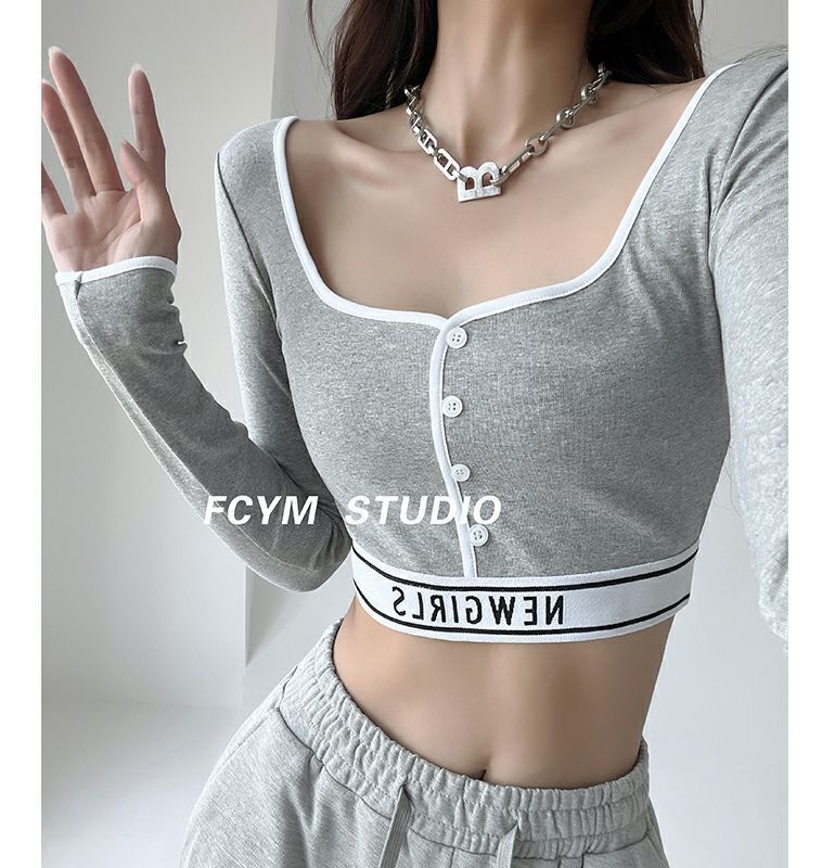 【】Letter elastischer Saum Farbblockbesatz Langarm Quadratischer Ausschnitt Slim Fit Schlankmachendes Hot Girl Top_voghion.com