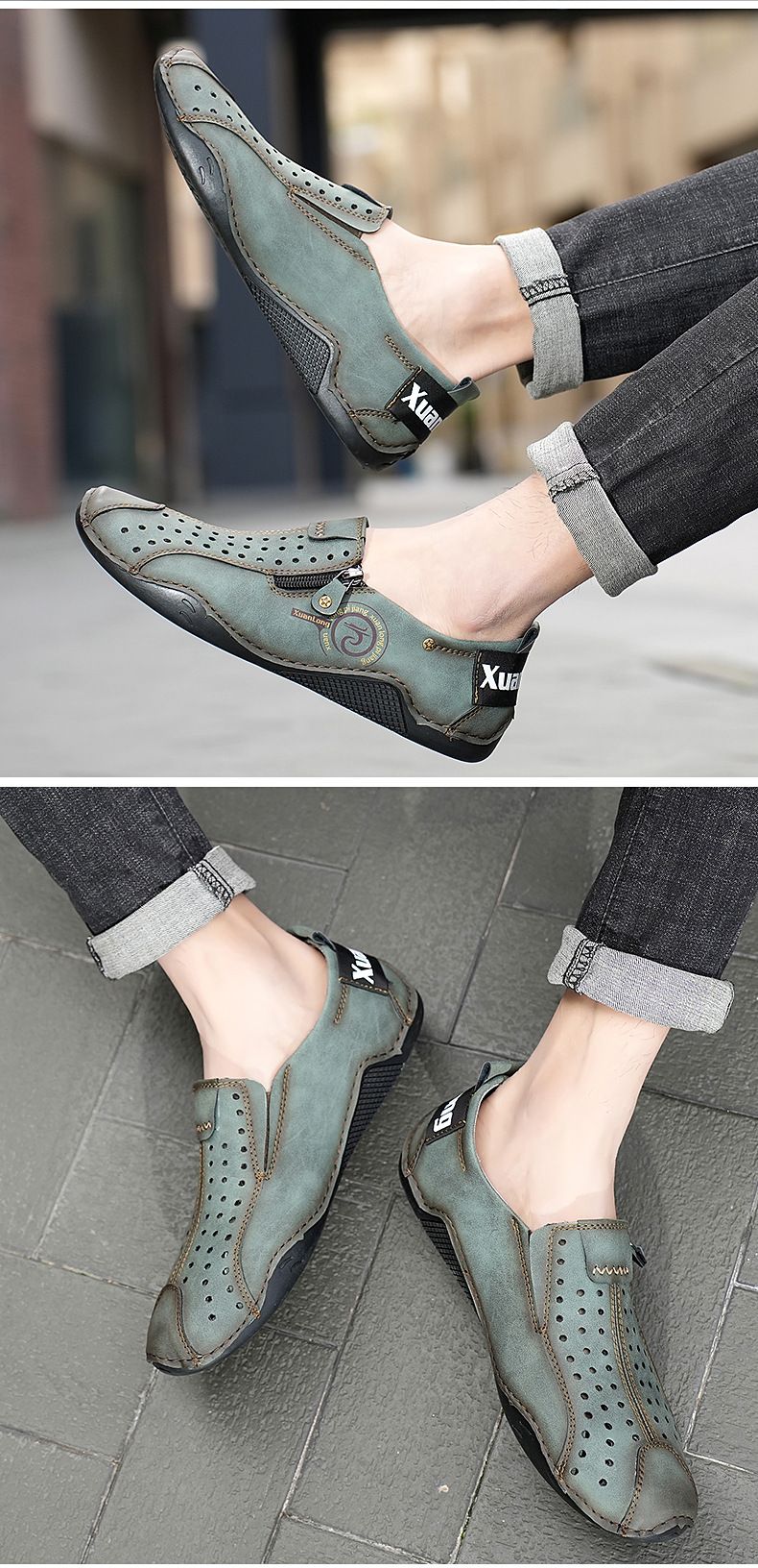 Spring and summer 2024 new oversized perforated breathable casual bean shoes, zipper men's shoes_voghion.com