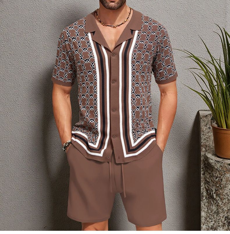 Completo da uomo in maglia Jacquard con colletto cubano e maniche corte, SY0196_voghion.com