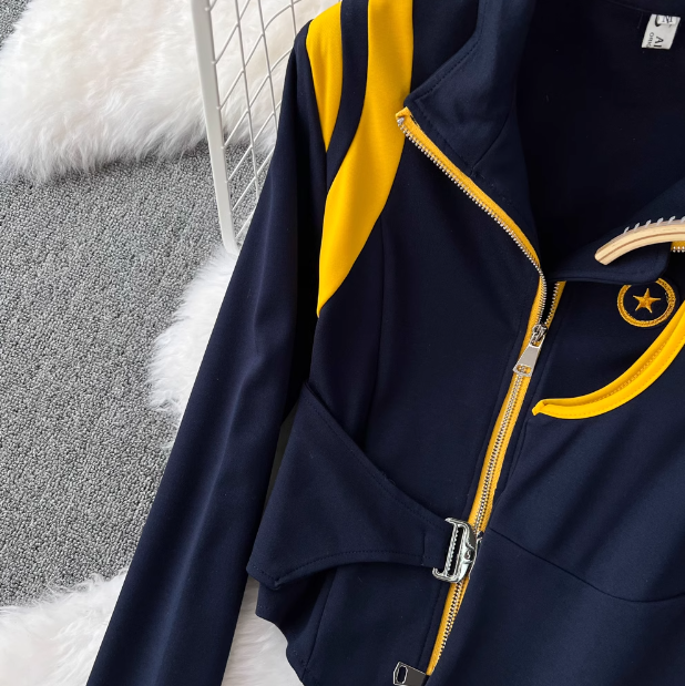 Îmbrăcăminte pentru femei Toamnă și iarnă pentru femei în stil coreean culoare contrastantă jachetă cu guler stand Set trei piese vestă pantaloni lați cu talie înaltă_voghion.com