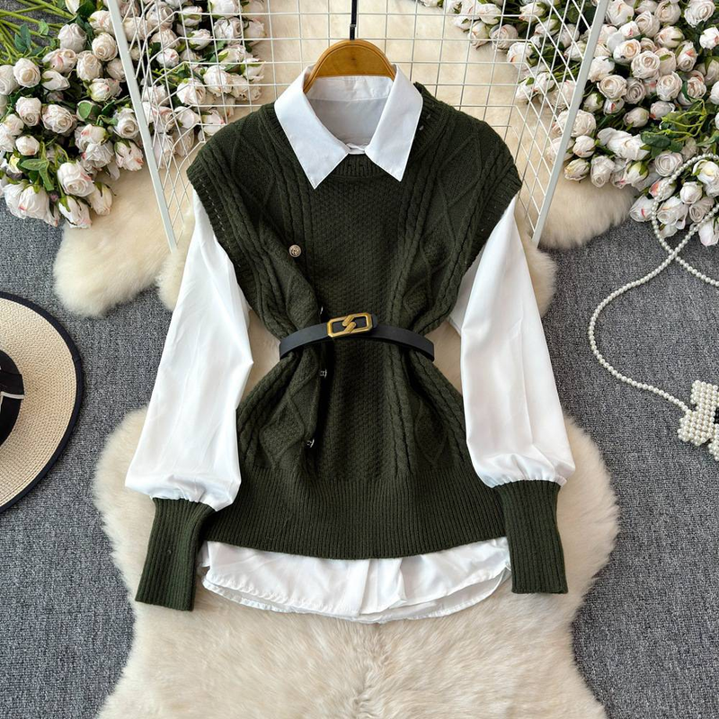 Damenbekleidung 2024 Frühling und Herbst Neue Hemdoberteile Damenpulloveranzug Strickweste Weste Hemd Westernstil Altersreduzierender Zweiteiliger Anzug_voghion.com