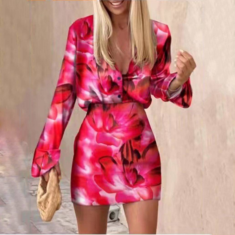 Ensembles de mini-jupes imprimées d'automne pour femmes, chemises à manches longues, haut et jupe mi-longue taille haute, ensembles de robes courtes pour femmes 2 pièces_voghion.com