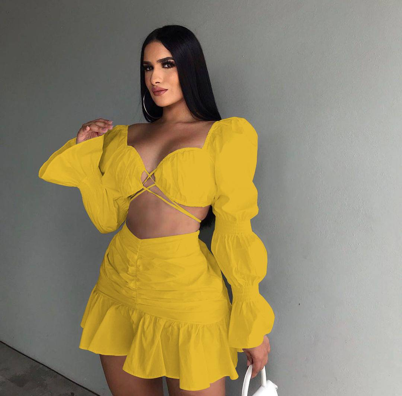Ensemble 2 pièces sexy pour femme, tenue de festival, haut court à manches bouffantes et mini-jupe à volants, tenue de club, tenue de soirée assortie_voghion.com