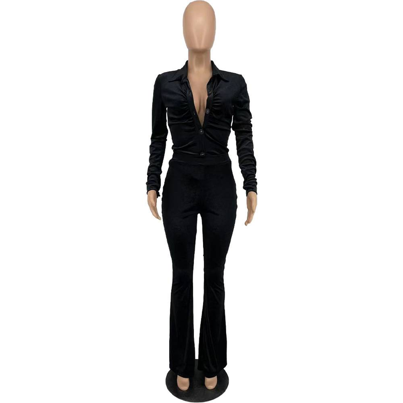Ensemble élégant en velours pour femme, tunique froncée à simple boutonnage et pantalon évasé, survêtement deux pièces, tenue de fitness_voghion.com