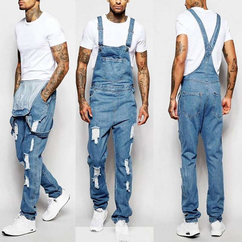Men's Clothing Fashion Men's Strappy Denim Rompers Ripped Jeans Trousers_voghion.com
