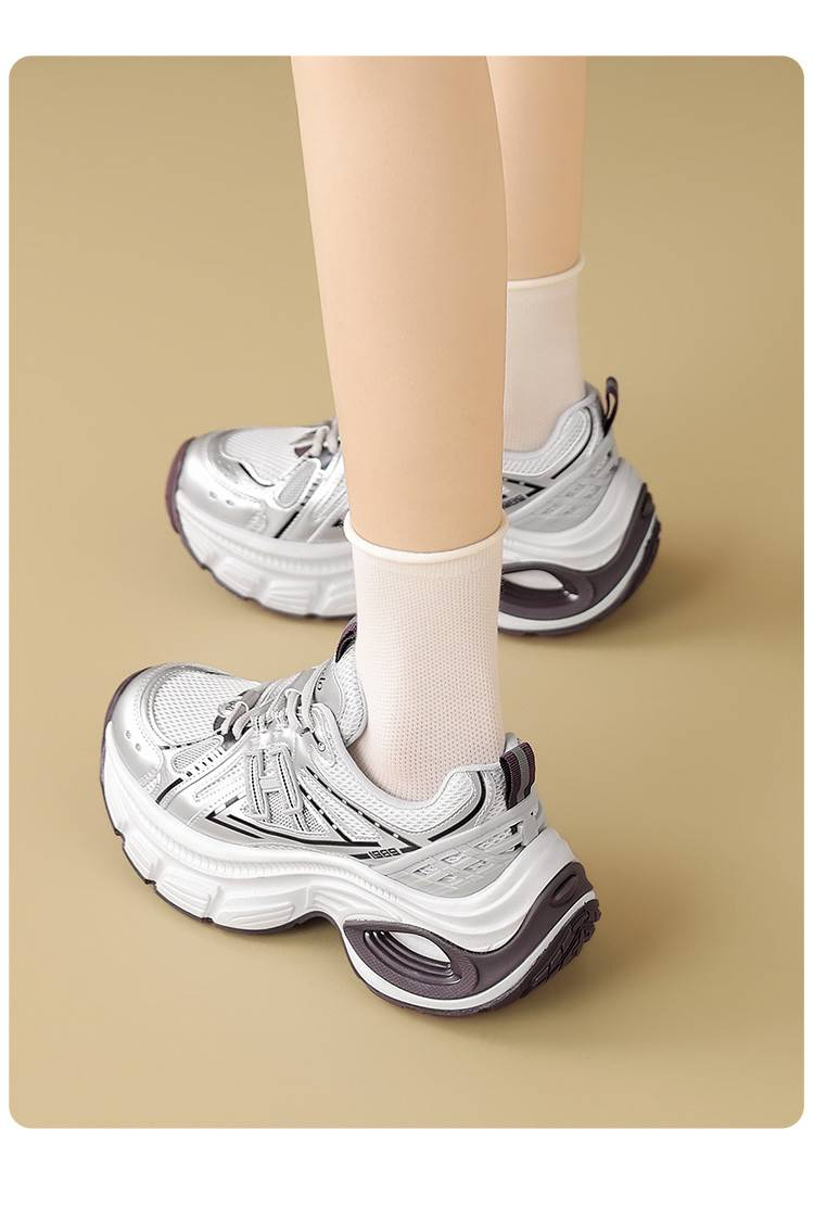 cameido Scarpe da papà con plateau alla moda per donna, progettate per la primavera 2025. Queste scarpe sportive casual presentano pannelli in rete, blocchi di colore e lacci_voghion.com