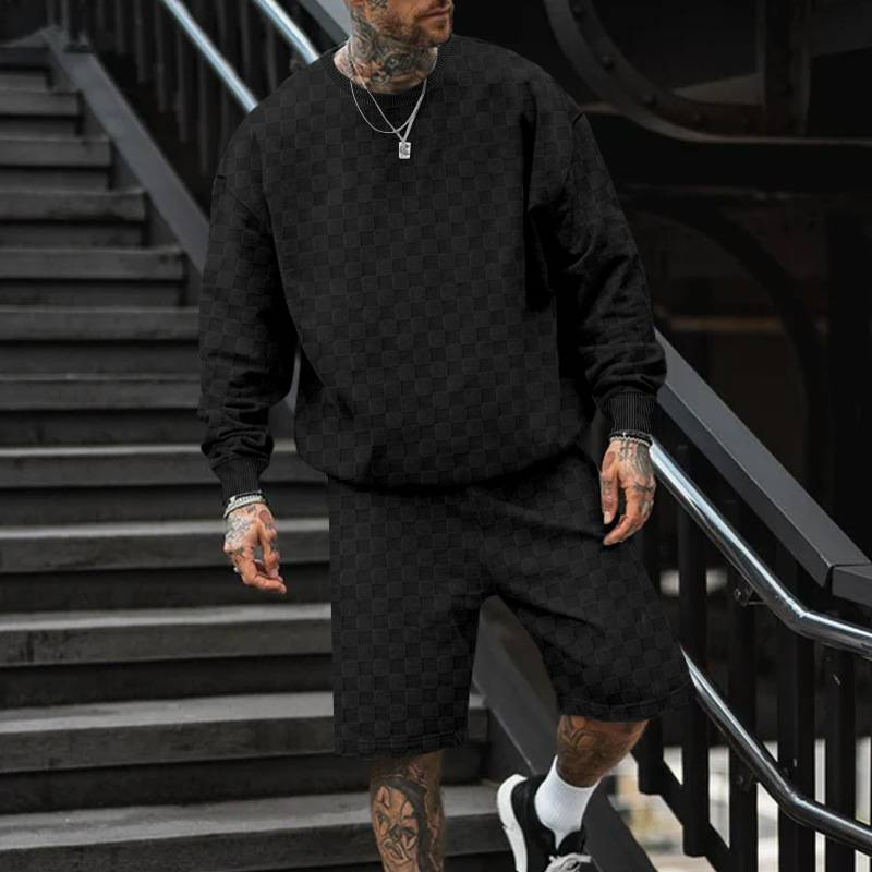 Herren Rundhals T-Shirt Hoodie Langarm Shorts Set Locker Lässig Schachbrett Sport Zweiteiliges Set_voghion.com