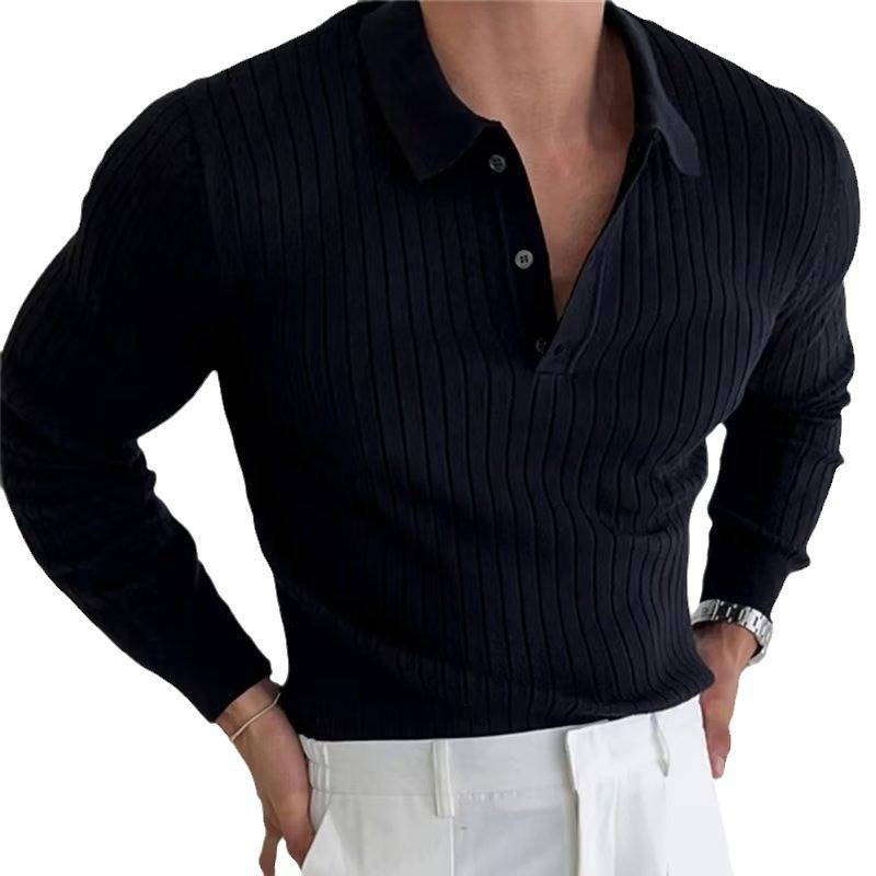 Men's Clothing Knitted Sweater Long Sleeved Polo Shirt Men's Autumn New Trend Simple Muscle Fitness Striped Lapel Top T Shirt_voghion.com