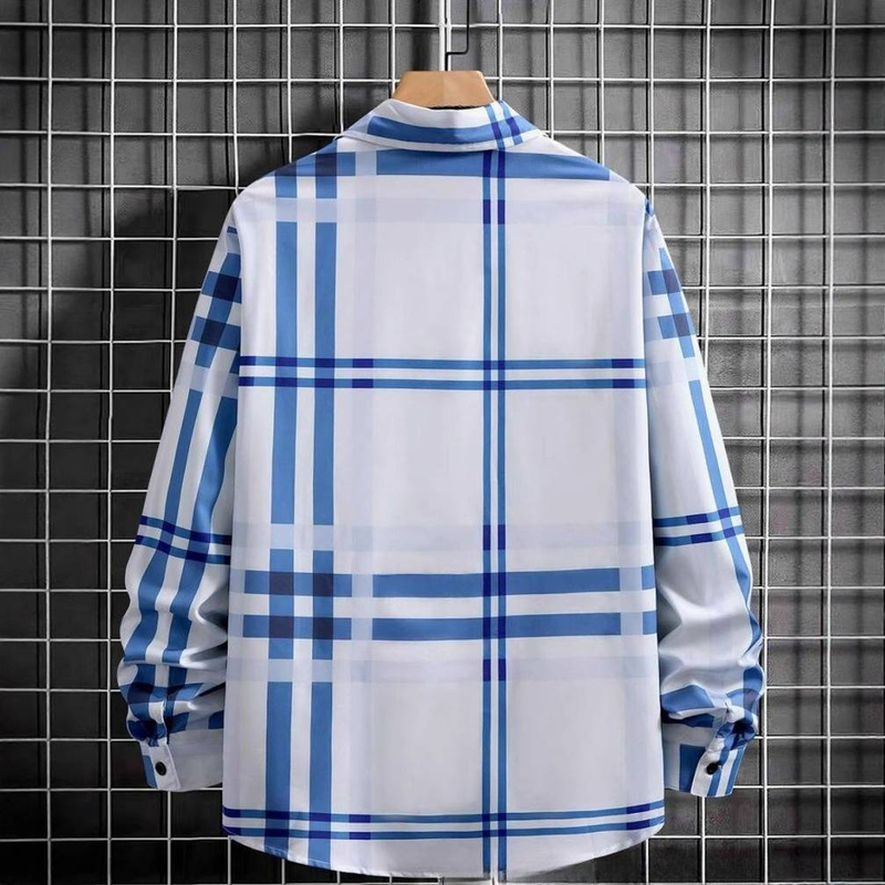 Men's Clothing Striped Blue Printed Shirt Collar Casual Short Sleeved Lapel Tops_voghion.com