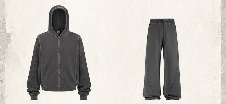 Conjunto de sudadera y jogger desgastados - Ropa urbana vintage con detalles de bordes sin rematar (negro/carbón/marrón)_voghion.com