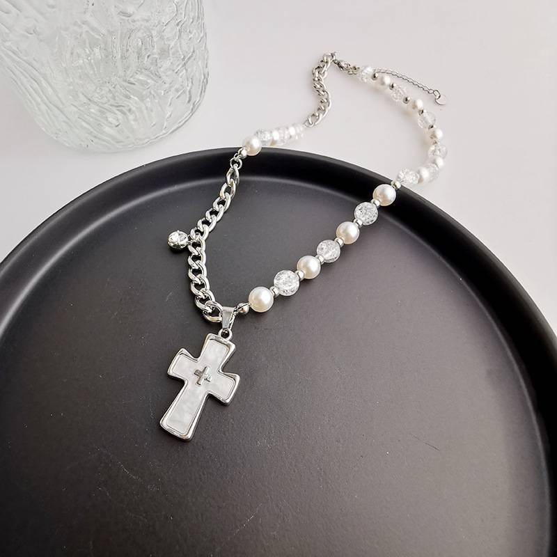 Pearl Cross Necklace Light Luxury Niche New Clavicle Chain_voghion.com