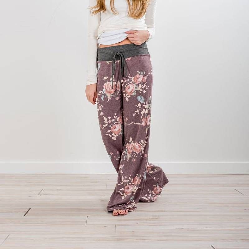 Plus Size Floral Print High Rise Drawstring Long Pants, Women's Plus Slight Stretch Loose Casual Pants_voghion.com