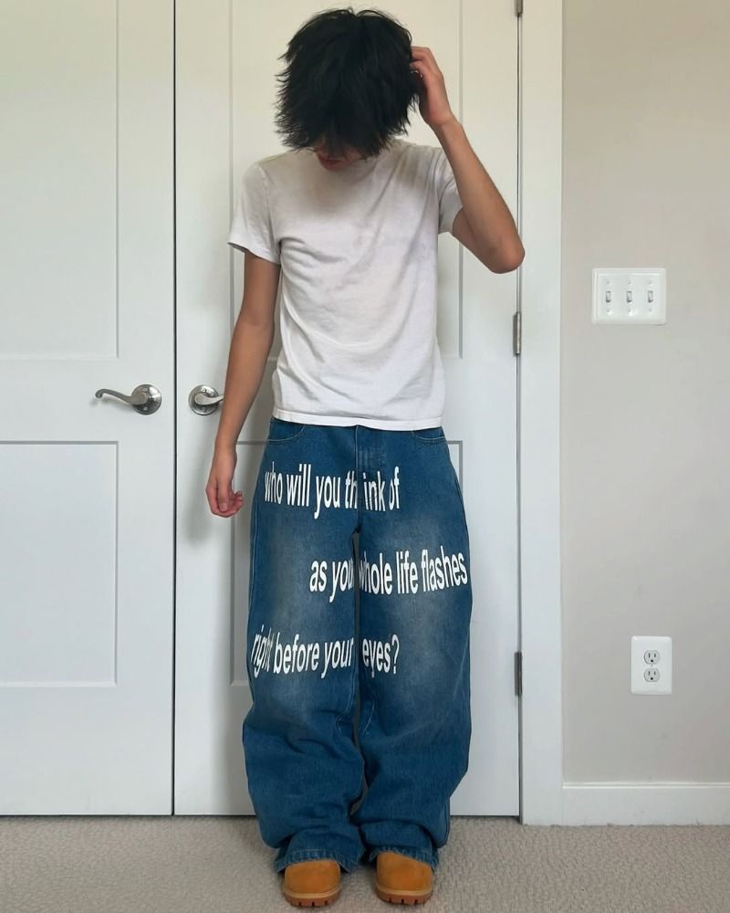 Streetwear Baggy Jeans für Herren – Übergroße High-Waist-Jeans mit Grafikprint (Hip-Hop-Style, Straight-Leg, Baumwolle, Blau/Schwarz)_voghion.com